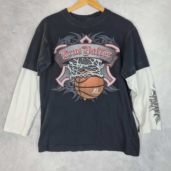 Russell Athletic Other - Vntg Y2K Russell Athletic Shirt Boys 14 Black Basketball Sleeve Hit Streetwear